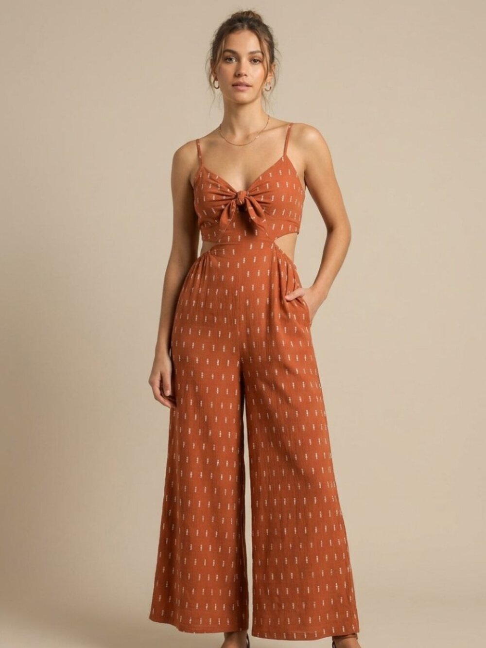 George 100% Rayon Rust Coloured Geometric Pattern Pallazo Jumpsuit with Cut Outs